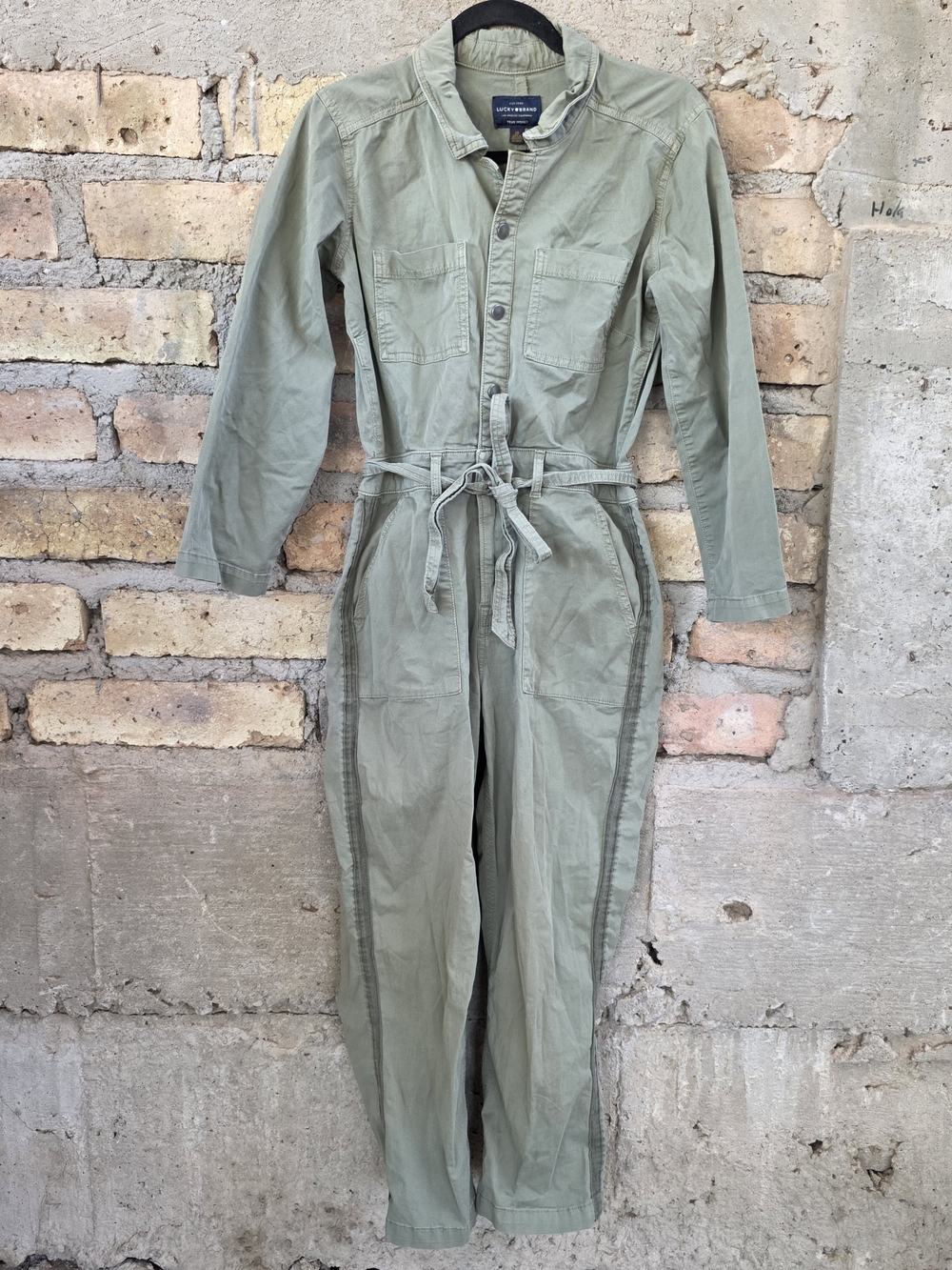 Lucky Brand Olive Utility Jumpsuit Long Sleeve Tie Waist Boilersuit Size 26